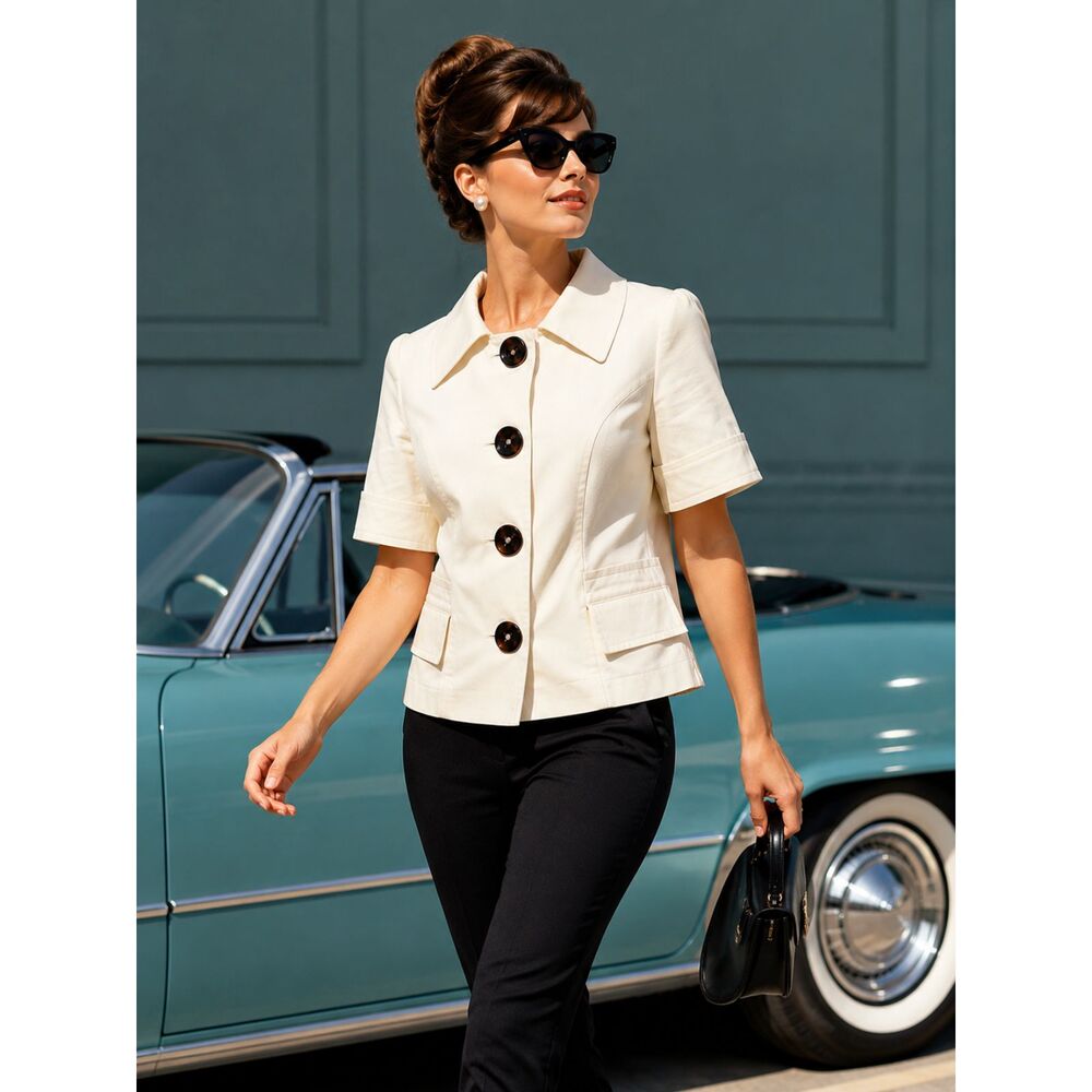 Cream Retro Mod Jacket Sze 2 Oversized Buttons Quiet Luxury Jackie Kennedy Style
